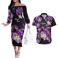Personalised Aloha Hawaii Kauai Island Couples Matching Off The Shoulder Long Sleeve Dress and Hawaiian Shirt Garden Isle Map Sea Turtle Plumeria LT14 Purple - Polynesian Pride