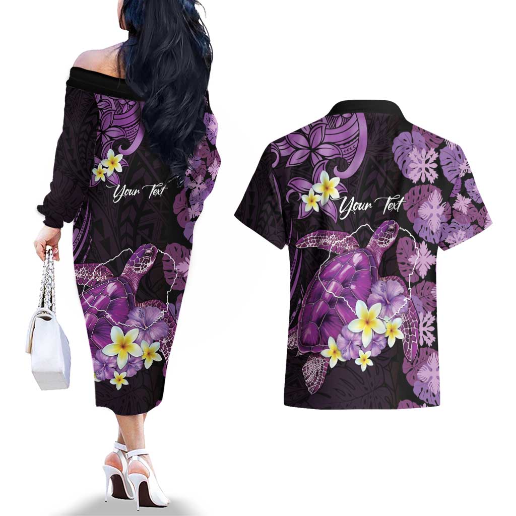 Personalised Aloha Hawaii Kauai Island Couples Matching Off The Shoulder Long Sleeve Dress and Hawaiian Shirt Garden Isle Map Sea Turtle Plumeria LT14 - Polynesian Pride