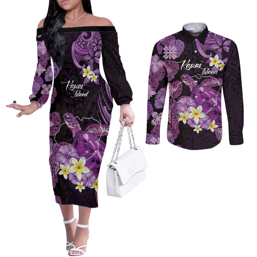 Personalised Aloha Hawaii Kauai Island Couples Matching Off The Shoulder Long Sleeve Dress and Long Sleeve Button Shirt Garden Isle Map Sea Turtle Plumeria LT14 Purple - Polynesian Pride