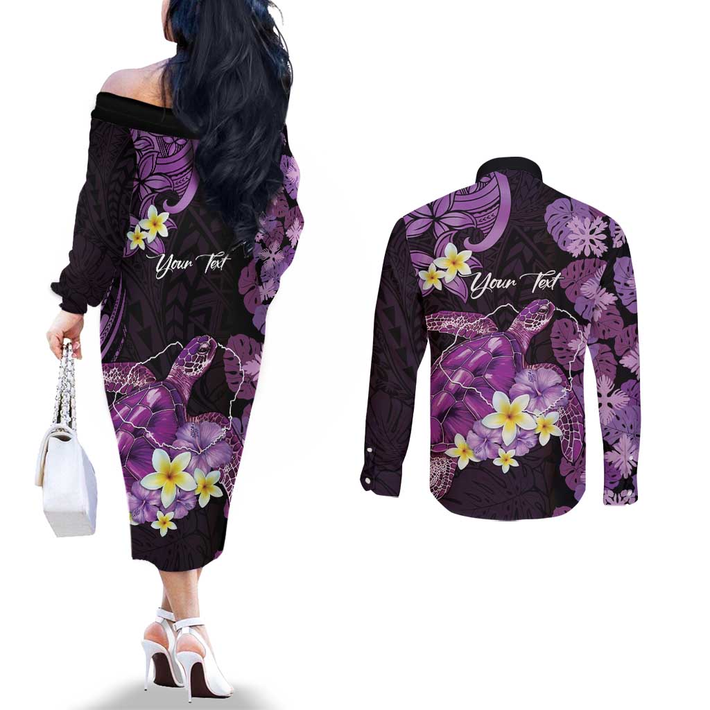 Personalised Aloha Hawaii Kauai Island Couples Matching Off The Shoulder Long Sleeve Dress and Long Sleeve Button Shirt Garden Isle Map Sea Turtle Plumeria LT14 - Polynesian Pride