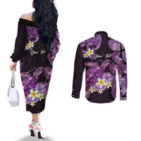 Personalised Aloha Hawaii Kauai Island Couples Matching Off The Shoulder Long Sleeve Dress and Long Sleeve Button Shirt Garden Isle Map Sea Turtle Plumeria LT14 - Polynesian Pride