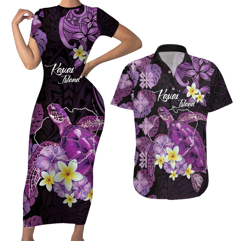 Personalised Aloha Hawaii Kauai Island Couples Matching Short Sleeve Bodycon Dress and Hawaiian Shirt Garden Isle Map Sea Turtle Plumeria LT14 Purple - Polynesian Pride