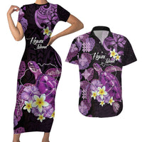 Personalised Aloha Hawaii Kauai Island Couples Matching Short Sleeve Bodycon Dress and Hawaiian Shirt Garden Isle Map Sea Turtle Plumeria LT14 Purple - Polynesian Pride