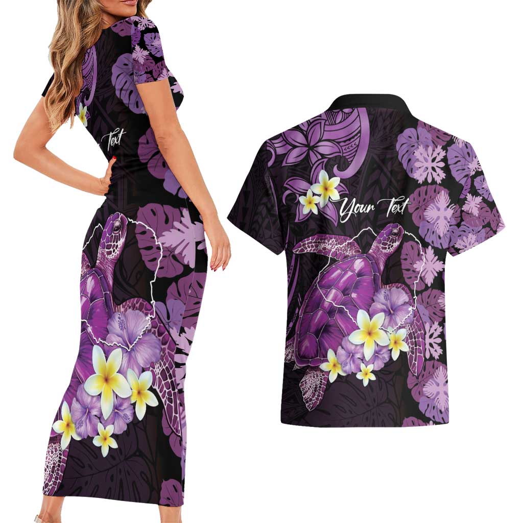 Personalised Aloha Hawaii Kauai Island Couples Matching Short Sleeve Bodycon Dress and Hawaiian Shirt Garden Isle Map Sea Turtle Plumeria LT14 - Polynesian Pride