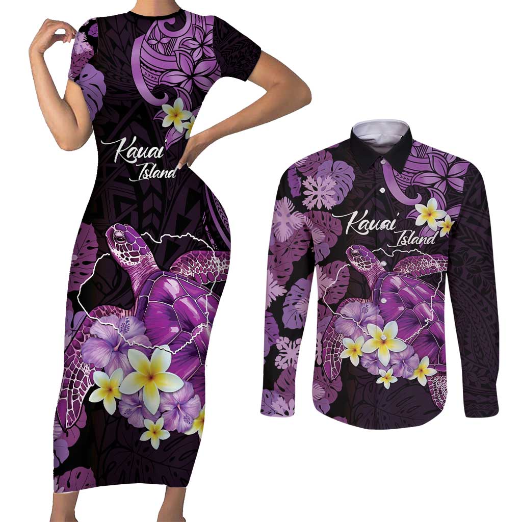 Personalised Aloha Hawaii Kauai Island Couples Matching Short Sleeve Bodycon Dress and Long Sleeve Button Shirt Garden Isle Map Sea Turtle Plumeria LT14 Purple - Polynesian Pride