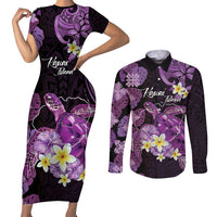 Personalised Aloha Hawaii Kauai Island Couples Matching Short Sleeve Bodycon Dress and Long Sleeve Button Shirt Garden Isle Map Sea Turtle Plumeria LT14 Purple - Polynesian Pride