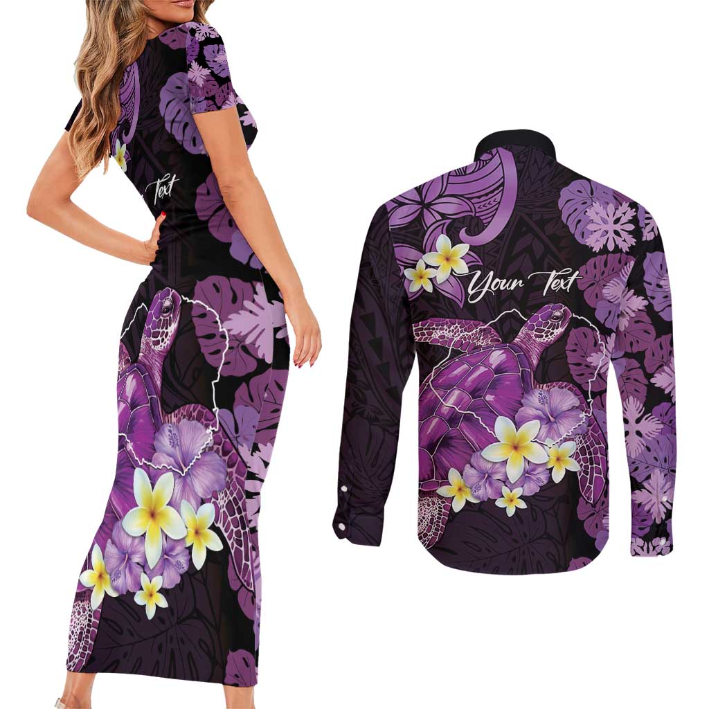 Personalised Aloha Hawaii Kauai Island Couples Matching Short Sleeve Bodycon Dress and Long Sleeve Button Shirt Garden Isle Map Sea Turtle Plumeria LT14 - Polynesian Pride