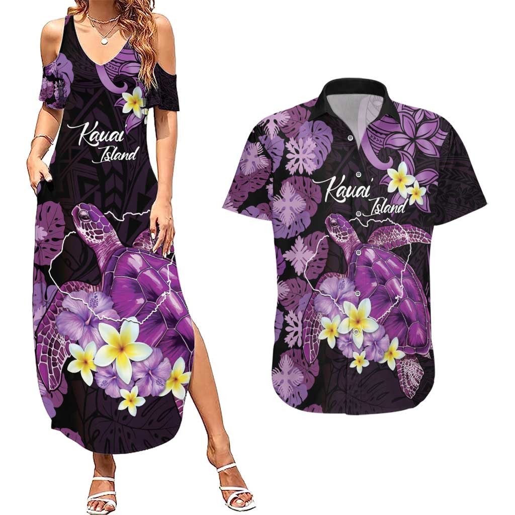 Personalised Aloha Hawaii Kauai Island Couples Matching Summer Maxi Dress and Hawaiian Shirt Garden Isle Map Sea Turtle Plumeria LT14 Purple - Polynesian Pride