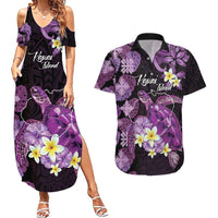 Personalised Aloha Hawaii Kauai Island Couples Matching Summer Maxi Dress and Hawaiian Shirt Garden Isle Map Sea Turtle Plumeria LT14 Purple - Polynesian Pride