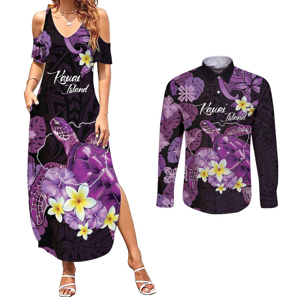 Personalised Aloha Hawaii Kauai Island Couples Matching Summer Maxi Dress and Long Sleeve Button Shirt Garden Isle Map Sea Turtle Plumeria LT14 Purple - Polynesian Pride