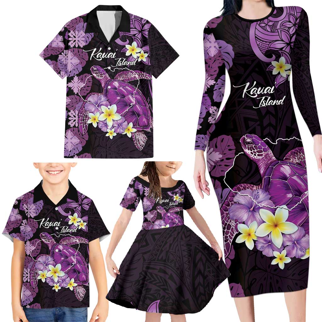Personalised Aloha Hawaii Kauai Island Family Matching Long Sleeve Bodycon Dress and Hawaiian Shirt Garden Isle Map Sea Turtle Plumeria LT14 - Polynesian Pride