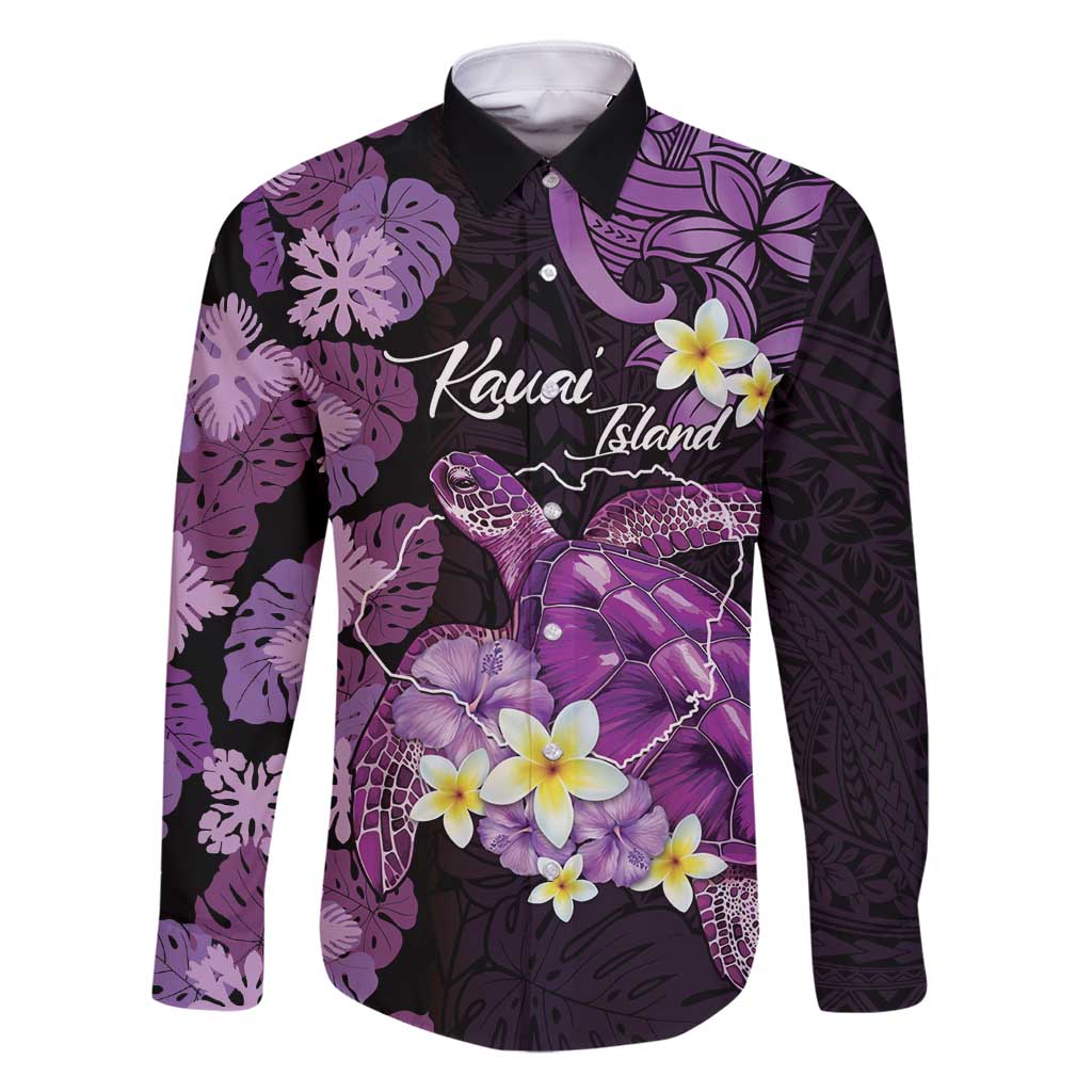 Personalised Aloha Hawaii Kauai Island Family Matching Long Sleeve Bodycon Dress and Hawaiian Shirt Garden Isle Map Sea Turtle Plumeria LT14 Dad's Shirt - Long Sleeve Purple - Polynesian Pride