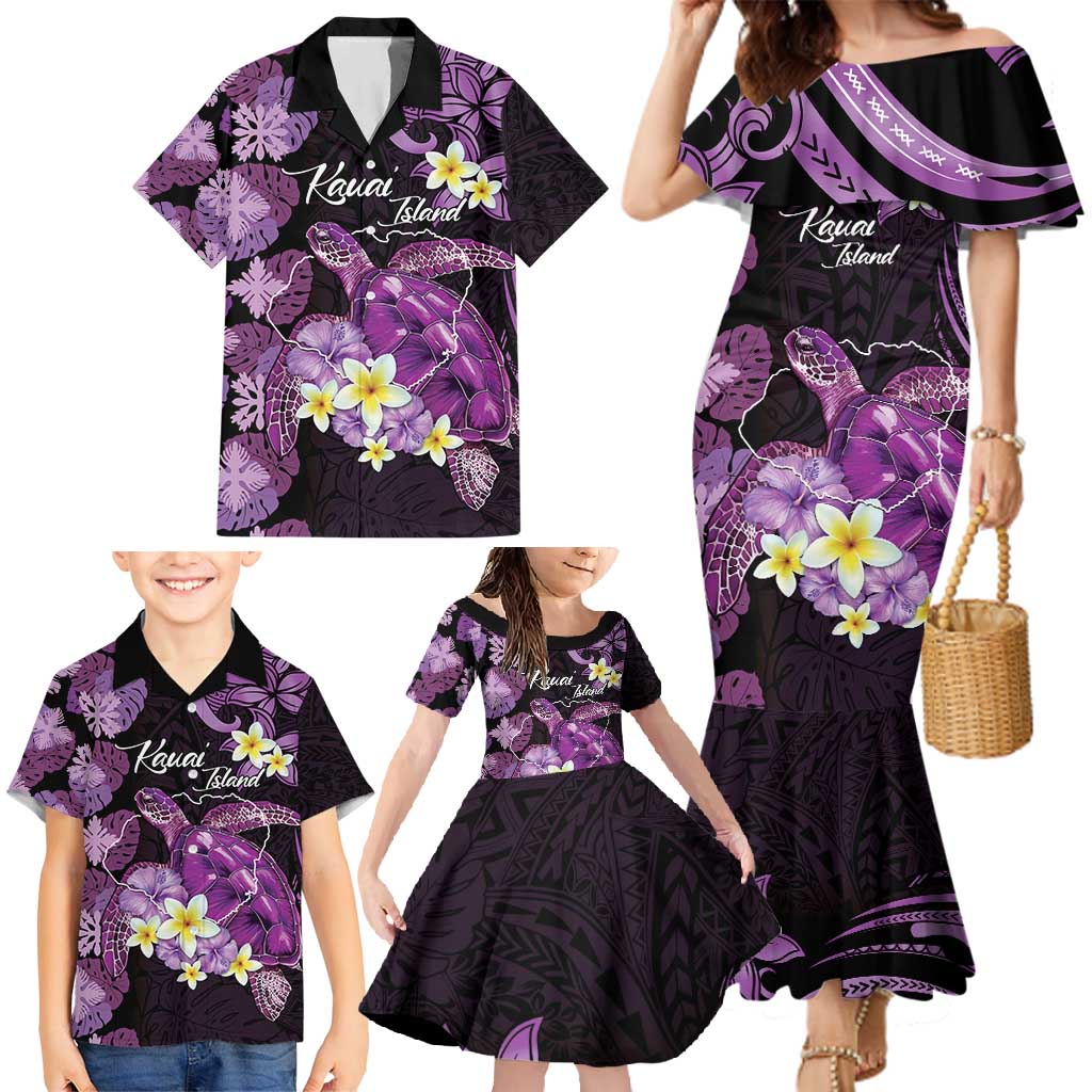Personalised Aloha Hawaii Kauai Island Family Matching Mermaid Dress and Hawaiian Shirt Garden Isle Map Sea Turtle Plumeria