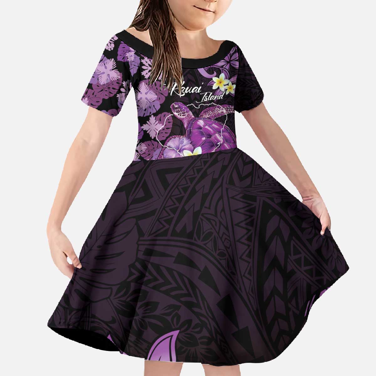 Personalised Aloha Hawaii Kauai Island Family Matching Off The Shoulder Long Sleeve Dress and Hawaiian Shirt Garden Isle Map Sea Turtle Plumeria LT14 Daughter's Dress Purple - Polynesian Pride