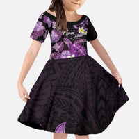 Personalised Aloha Hawaii Kauai Island Family Matching Off The Shoulder Long Sleeve Dress and Hawaiian Shirt Garden Isle Map Sea Turtle Plumeria LT14 Daughter's Dress Purple - Polynesian Pride