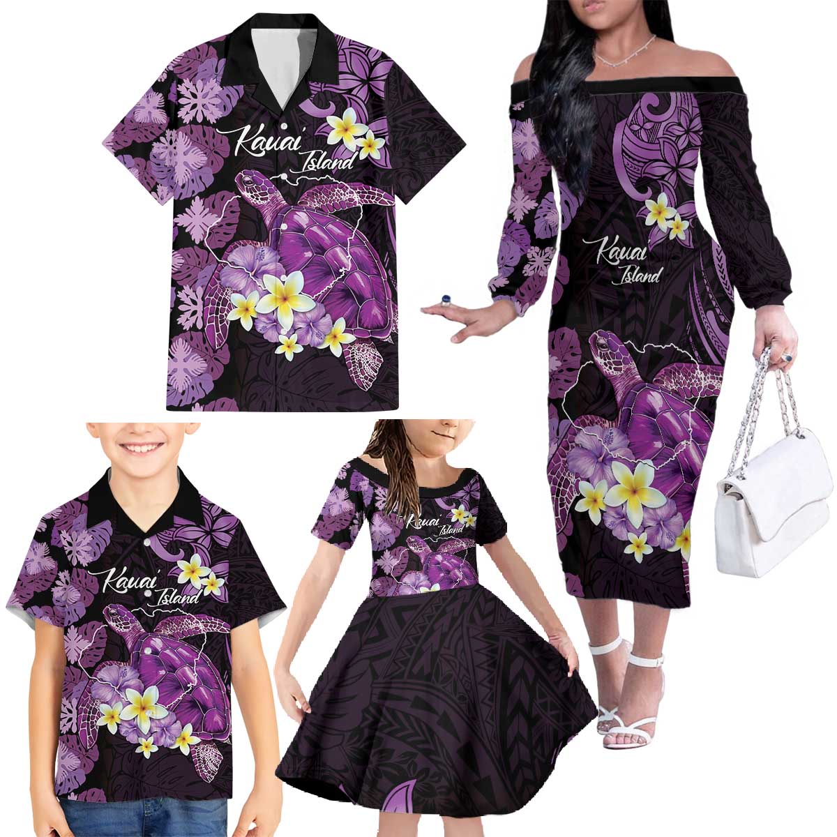 Personalised Aloha Hawaii Kauai Island Family Matching Off The Shoulder Long Sleeve Dress and Hawaiian Shirt Garden Isle Map Sea Turtle Plumeria LT14 - Polynesian Pride