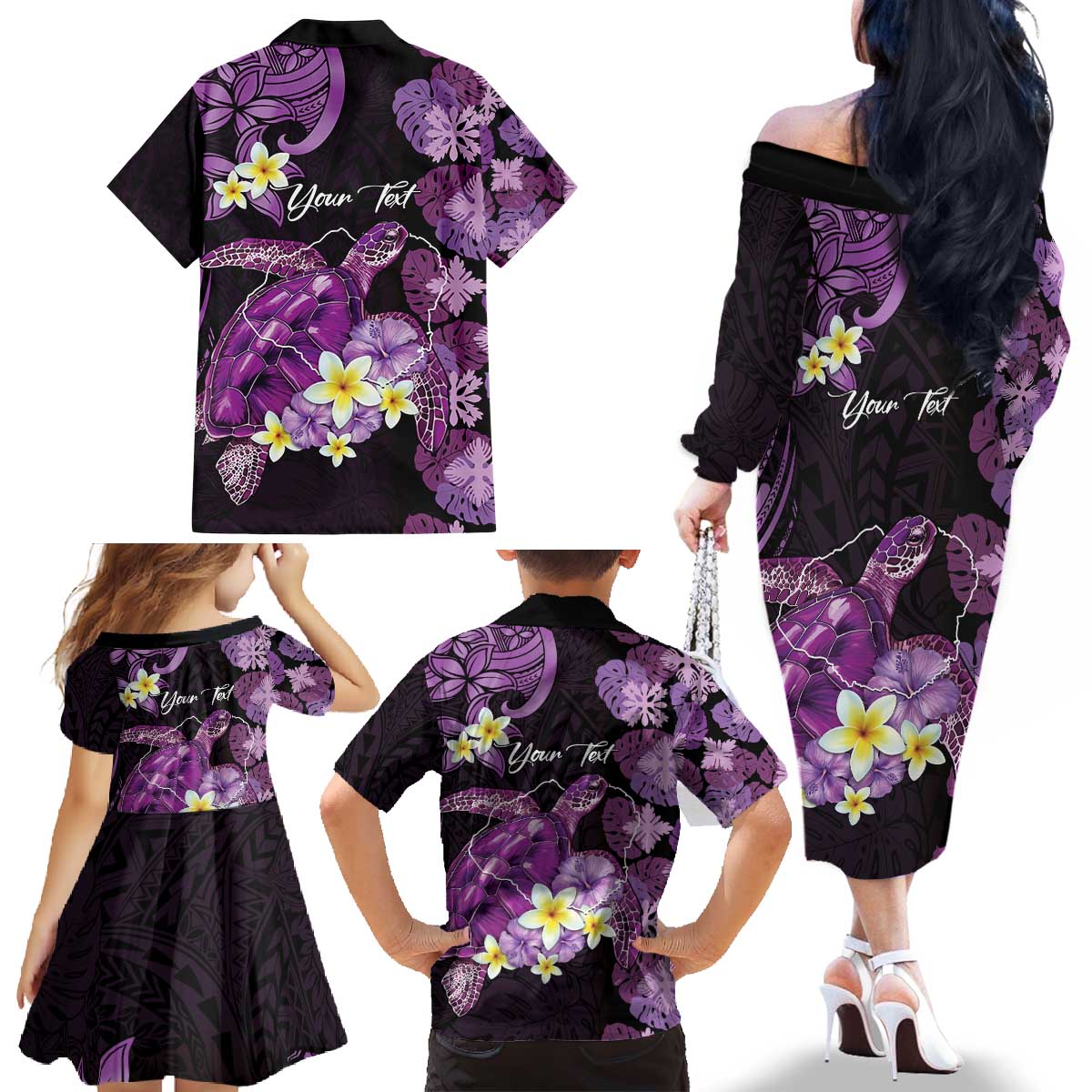 Personalised Aloha Hawaii Kauai Island Family Matching Off The Shoulder Long Sleeve Dress and Hawaiian Shirt Garden Isle Map Sea Turtle Plumeria LT14 - Polynesian Pride