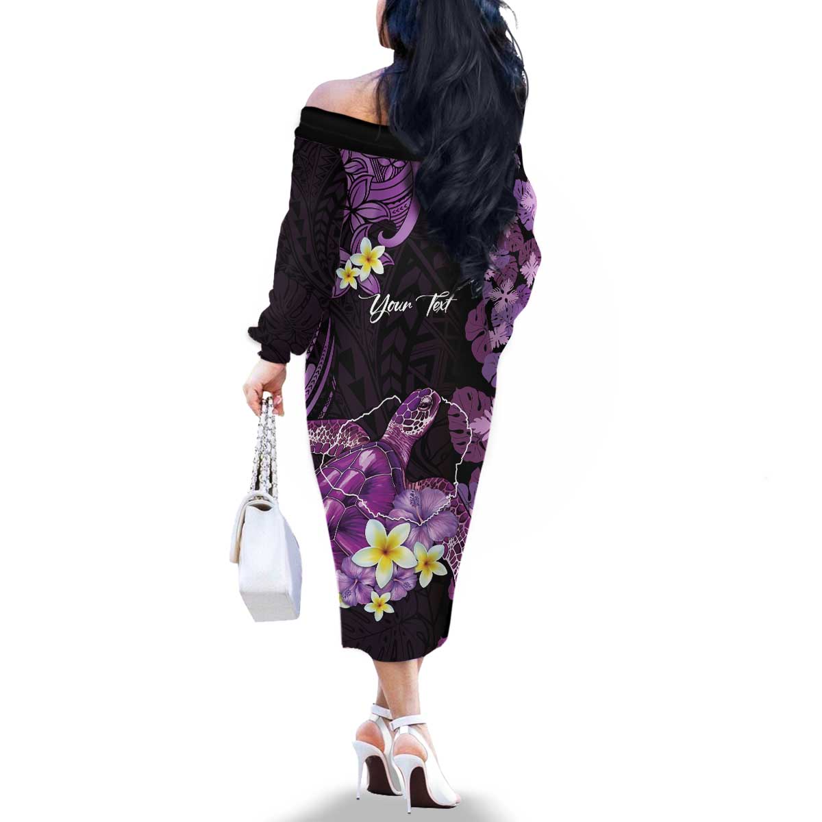 Personalised Aloha Hawaii Kauai Island Family Matching Off The Shoulder Long Sleeve Dress and Hawaiian Shirt Garden Isle Map Sea Turtle Plumeria LT14 - Polynesian Pride
