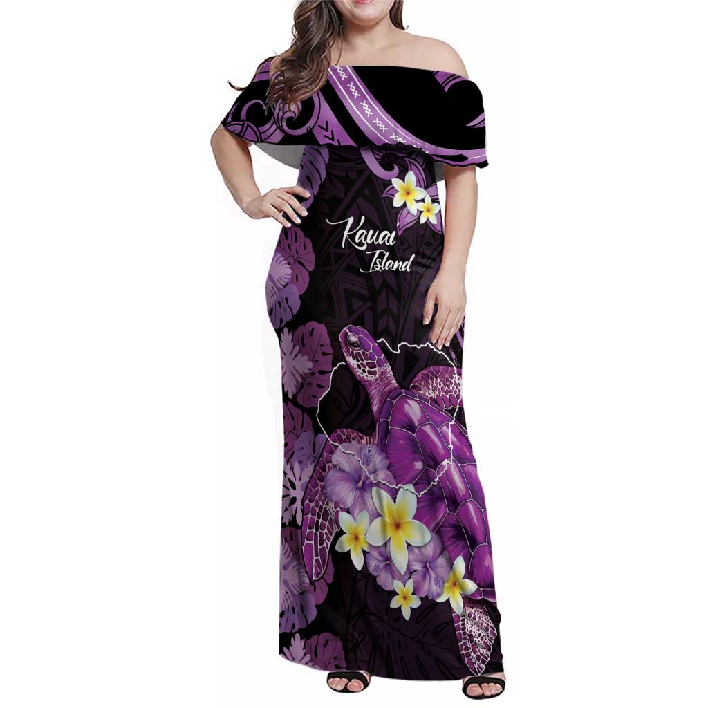 Personalised Aloha Hawaii Kauai Island Family Matching Off Shoulder Maxi Dress and Hawaiian Shirt Garden Isle Map Sea Turtle Plumeria LT14 Mom's Dress Purple - Polynesian Pride