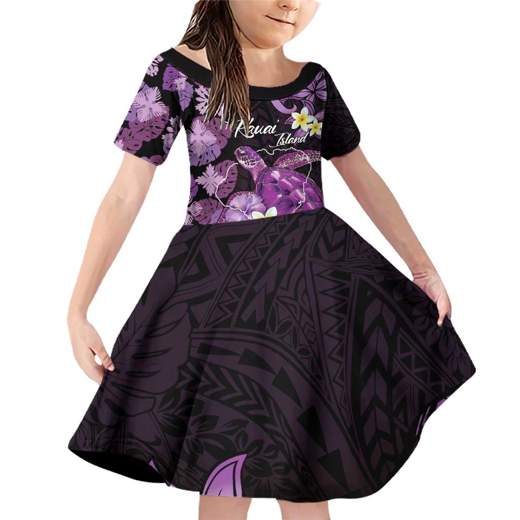Personalised Aloha Hawaii Kauai Island Family Matching Off Shoulder Short Dress and Hawaiian Shirt Garden Isle Map Sea Turtle Plumeria LT14 Daughter's Dress Purple - Polynesian Pride