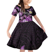Personalised Aloha Hawaii Kauai Island Family Matching Off Shoulder Short Dress and Hawaiian Shirt Garden Isle Map Sea Turtle Plumeria LT14 Daughter's Dress Purple - Polynesian Pride