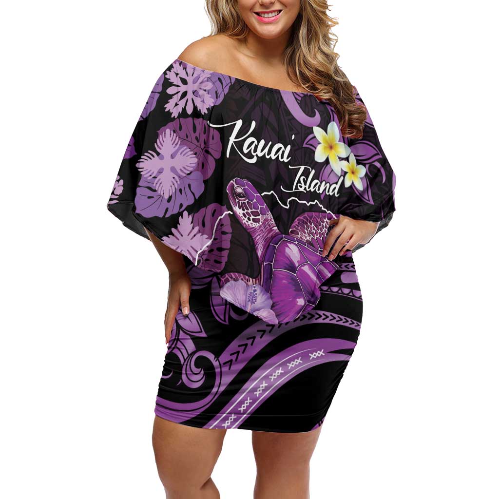 Personalised Aloha Hawaii Kauai Island Family Matching Off Shoulder Short Dress and Hawaiian Shirt Garden Isle Map Sea Turtle Plumeria LT14 Mom's Dress Purple - Polynesian Pride