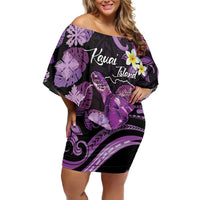 Personalised Aloha Hawaii Kauai Island Family Matching Off Shoulder Short Dress and Hawaiian Shirt Garden Isle Map Sea Turtle Plumeria LT14 Mom's Dress Purple - Polynesian Pride