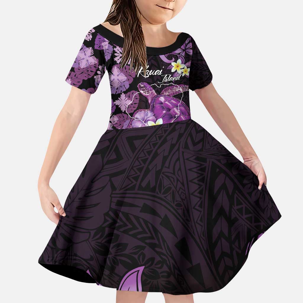 Personalised Aloha Hawaii Kauai Island Family Matching Puletasi and Hawaiian Shirt Garden Isle Map Sea Turtle Plumeria LT14 Daughter's Dress Purple - Polynesian Pride