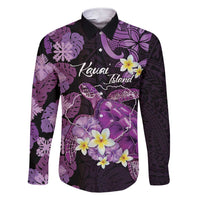Personalised Aloha Hawaii Kauai Island Family Matching Short Sleeve Bodycon Dress and Hawaiian Shirt Garden Isle Map Sea Turtle Plumeria LT14 Dad's Shirt - Long Sleeve Purple - Polynesian Pride