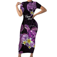 Personalised Aloha Hawaii Kauai Island Family Matching Short Sleeve Bodycon Dress and Hawaiian Shirt Garden Isle Map Sea Turtle Plumeria LT14 Mom's Dress Purple - Polynesian Pride