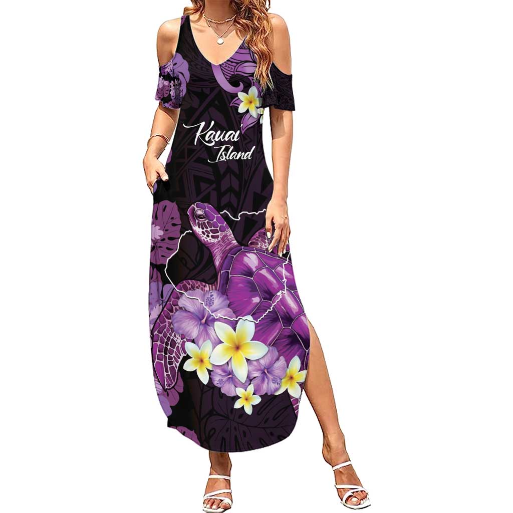 Personalised Aloha Hawaii Kauai Island Family Matching Summer Maxi Dress and Hawaiian Shirt Garden Isle Map Sea Turtle Plumeria LT14 Mom's Dress Purple - Polynesian Pride