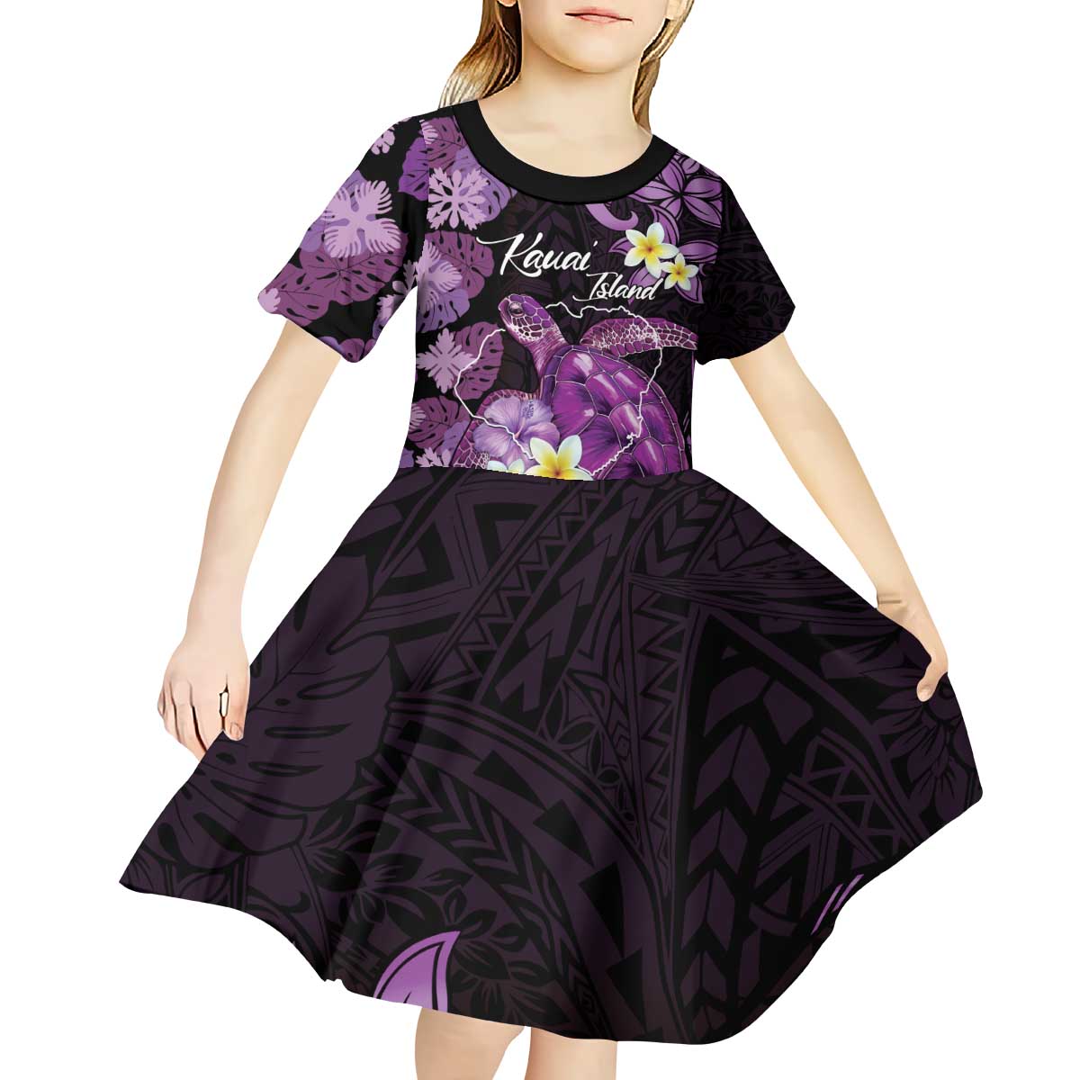 Personalised Aloha Hawaii Kauai Island Kid Short Sleeve Dress Garden Isle Map Sea Turtle Plumeria