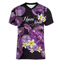 Personalised Aloha Hawaii Kauai Island Women V-Neck T-Shirt Garden Isle Map Sea Turtle Plumeria LT14 Female Purple - Polynesian Pride