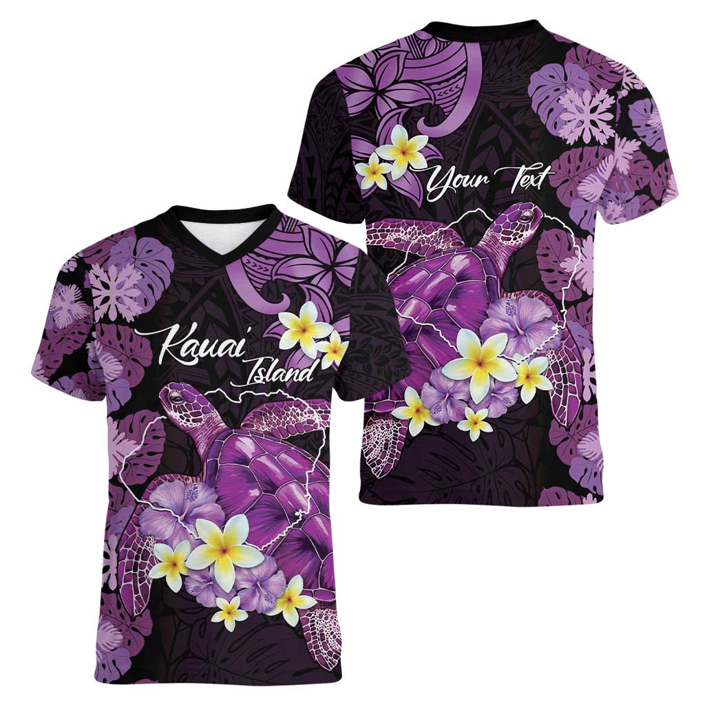 Personalised Aloha Hawaii Kauai Island Women V-Neck T-Shirt Garden Isle Map Sea Turtle Plumeria LT14 - Polynesian Pride