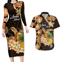 Personalised Aloha Hawaii Lanai Island Couples Matching Long Sleeve Bodycon Dress and Hawaiian Shirt Pineapple Isle Map Sea Turtle Plumeria LT14 Orange - Polynesian Pride