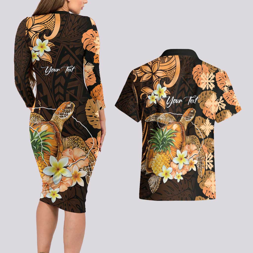 Personalised Aloha Hawaii Lanai Island Couples Matching Long Sleeve Bodycon Dress and Hawaiian Shirt Pineapple Isle Map Sea Turtle Plumeria LT14 - Polynesian Pride