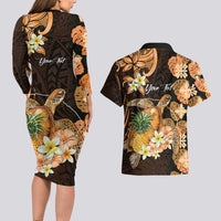 Personalised Aloha Hawaii Lanai Island Couples Matching Long Sleeve Bodycon Dress and Hawaiian Shirt Pineapple Isle Map Sea Turtle Plumeria LT14 - Polynesian Pride