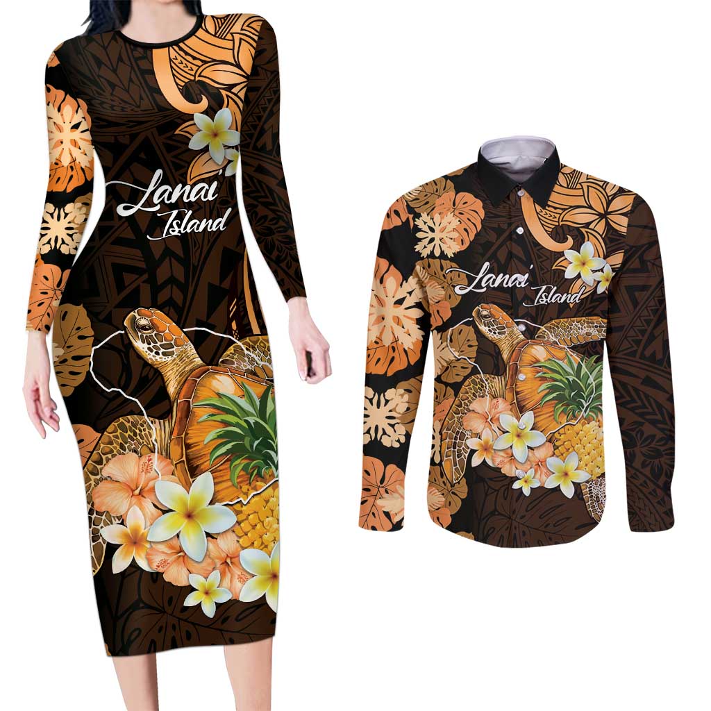 Personalised Aloha Hawaii Lanai Island Couples Matching Long Sleeve Bodycon Dress and Long Sleeve Button Shirt Pineapple Isle Map Sea Turtle Plumeria LT14 Orange - Polynesian Pride