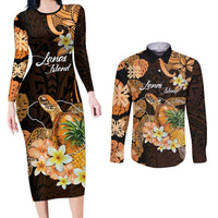 Personalised Aloha Hawaii Lanai Island Couples Matching Long Sleeve Bodycon Dress and Long Sleeve Button Shirt Pineapple Isle Map Sea Turtle Plumeria LT14 Orange - Polynesian Pride