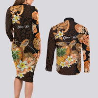 Personalised Aloha Hawaii Lanai Island Couples Matching Long Sleeve Bodycon Dress and Long Sleeve Button Shirt Pineapple Isle Map Sea Turtle Plumeria LT14 - Polynesian Pride