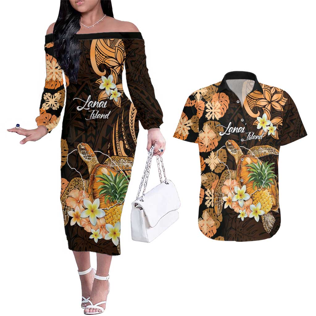 Personalised Aloha Hawaii Lanai Island Couples Matching Off The Shoulder Long Sleeve Dress and Hawaiian Shirt Pineapple Isle Map Sea Turtle Plumeria LT14 Orange - Polynesian Pride