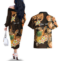 Personalised Aloha Hawaii Lanai Island Couples Matching Off The Shoulder Long Sleeve Dress and Hawaiian Shirt Pineapple Isle Map Sea Turtle Plumeria LT14 - Polynesian Pride