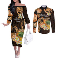 Personalised Aloha Hawaii Lanai Island Couples Matching Off The Shoulder Long Sleeve Dress and Long Sleeve Button Shirt Pineapple Isle Map Sea Turtle Plumeria LT14 Orange - Polynesian Pride