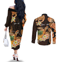Personalised Aloha Hawaii Lanai Island Couples Matching Off The Shoulder Long Sleeve Dress and Long Sleeve Button Shirt Pineapple Isle Map Sea Turtle Plumeria LT14 - Polynesian Pride
