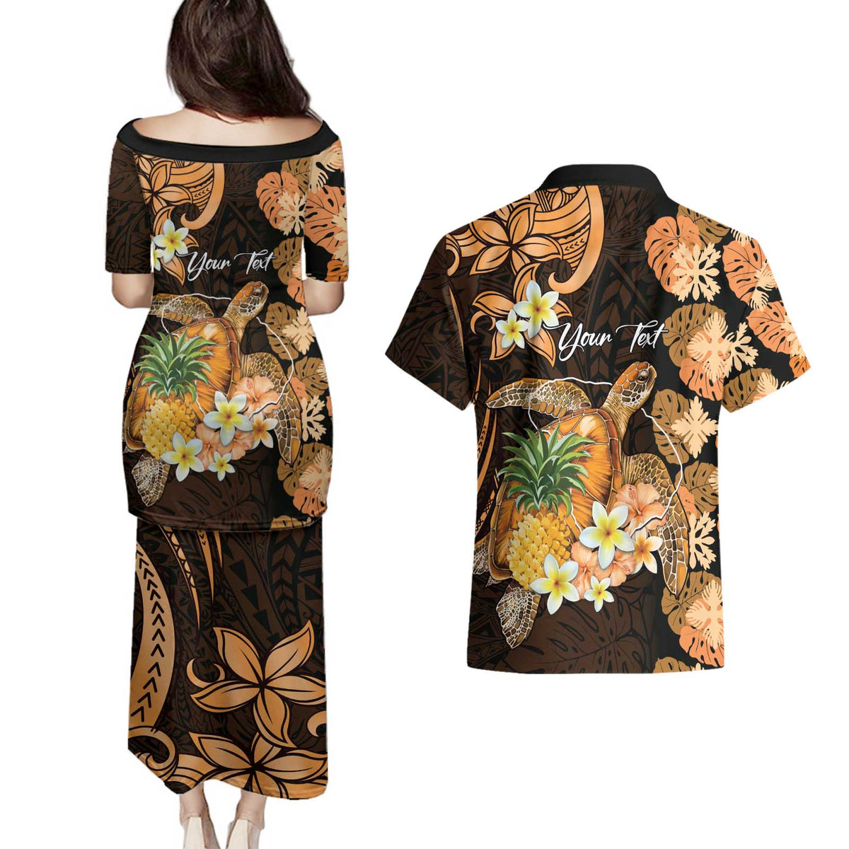 Personalised Aloha Hawaii Lanai Island Couples Matching Puletasi and Hawaiian Shirt Pineapple Isle Map Sea Turtle Plumeria