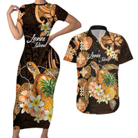 Personalised Aloha Hawaii Lanai Island Couples Matching Short Sleeve Bodycon Dress and Hawaiian Shirt Pineapple Isle Map Sea Turtle Plumeria LT14 Orange - Polynesian Pride