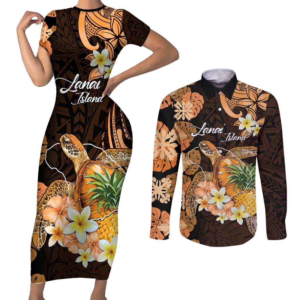 Personalised Aloha Hawaii Lanai Island Couples Matching Short Sleeve Bodycon Dress and Long Sleeve Button Shirt Pineapple Isle Map Sea Turtle Plumeria LT14 Orange - Polynesian Pride