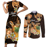 Personalised Aloha Hawaii Lanai Island Couples Matching Short Sleeve Bodycon Dress and Long Sleeve Button Shirt Pineapple Isle Map Sea Turtle Plumeria LT14 Orange - Polynesian Pride