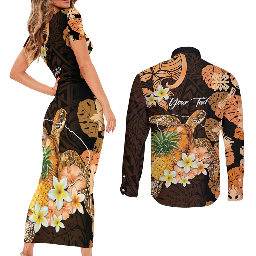 Personalised Aloha Hawaii Lanai Island Couples Matching Short Sleeve Bodycon Dress and Long Sleeve Button Shirt Pineapple Isle Map Sea Turtle Plumeria LT14 - Polynesian Pride