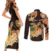 Personalised Aloha Hawaii Lanai Island Couples Matching Short Sleeve Bodycon Dress and Long Sleeve Button Shirt Pineapple Isle Map Sea Turtle Plumeria LT14 - Polynesian Pride